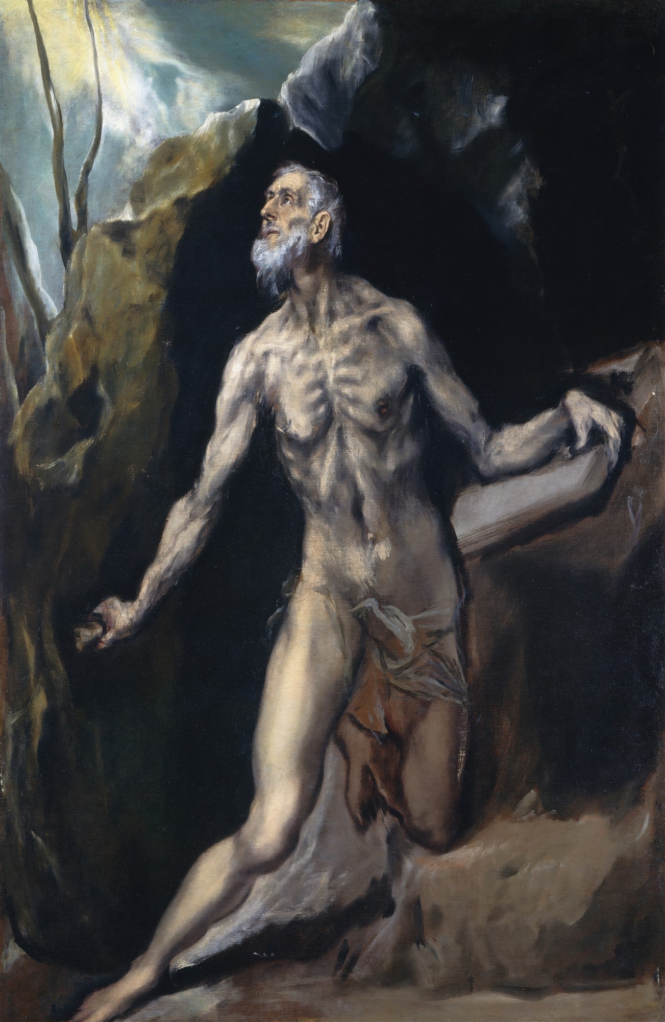 Quadro decorativo com a pintura 'São Jerônimo Penitente' de El Greco. A imagem mostra um homem idoso, magro, com barba branca, nu da cintura para cima, ajoelhado em uma caverna escura, olhando para cima em direção a uma luz celestial que irrompe do canto superior esquerdo. As rochas e a escuridão contrastam com a iluminação dramática do corpo do santo.