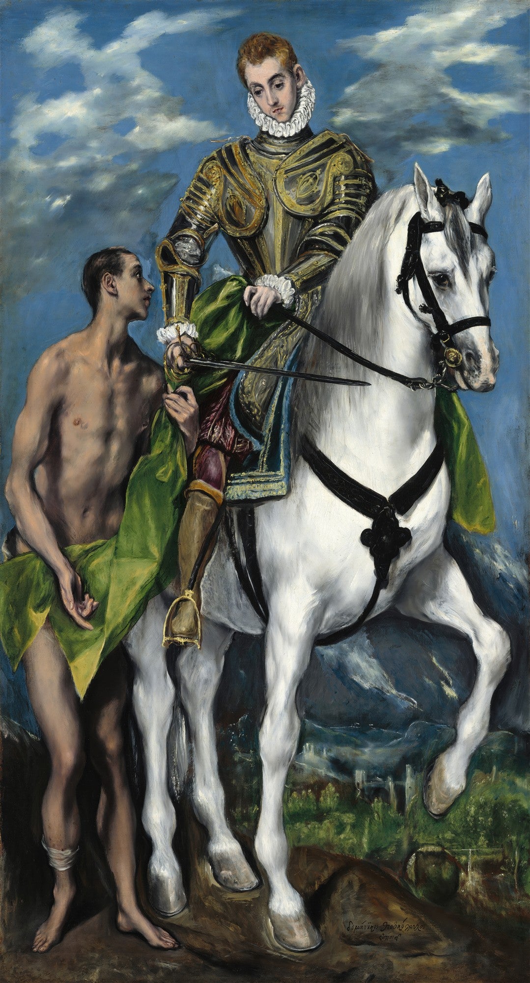 Quadro decorativo 'São Martinho e o Mendigo' de El Greco, retratando São Martinho a cavalo, vestindo armadura e ruff, dividindo sua capa verde com um mendigo nu. A cena se passa sob um céu dramático e paisagem montanhosa.