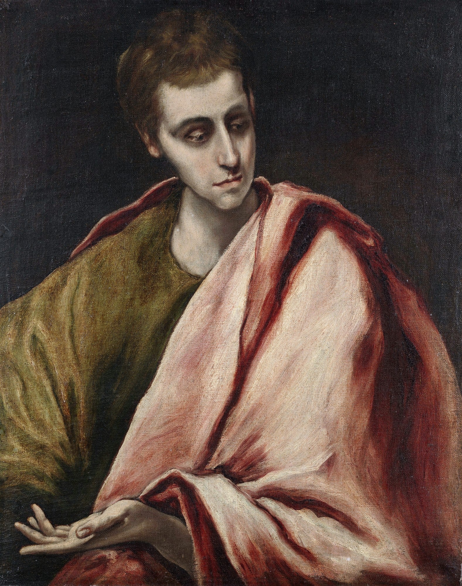 Quadro decorativo com a pintura de São João Evangelista, atribuída a El Greco, mostrando uma figura masculina com expressão introspectiva e mãos abertas, vestindo túnica verde-oliva e manto rosa-avermelhado sobre fundo escuro.