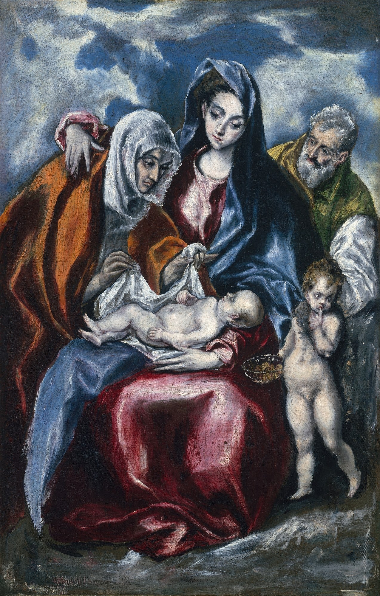 Quadro decorativo com a obra 'A Sagrada Família (com Santa Ana)' de El Greco, mostrando Maria, José e Santa Ana com o Menino Jesus e São João Batista criança, em tons dramáticos de azul, vermelho e ocre.