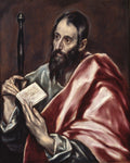Quadro decorativo de São Paulo Apóstolo por El Greco, mostrando o apóstolo com barba, segurando uma espada e escrevendo em um pergaminho, com manto vermelho e branco.