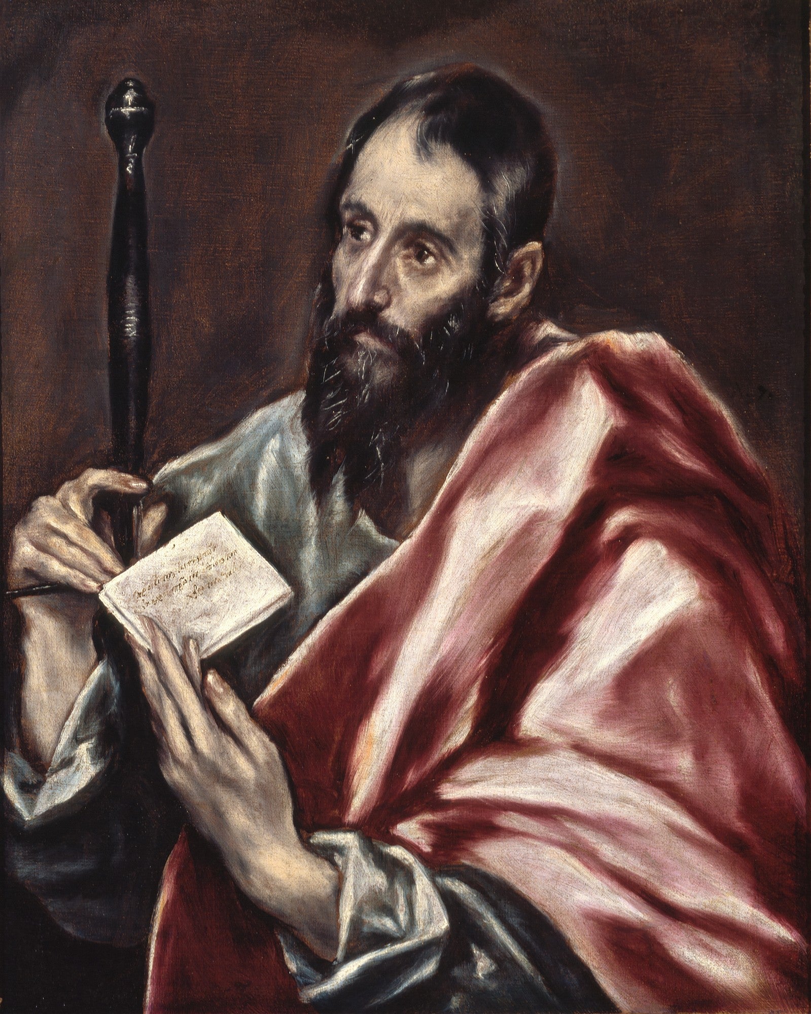 Quadro decorativo de São Paulo Apóstolo por El Greco, mostrando o apóstolo com barba, segurando uma espada e escrevendo em um pergaminho, com manto vermelho e branco.