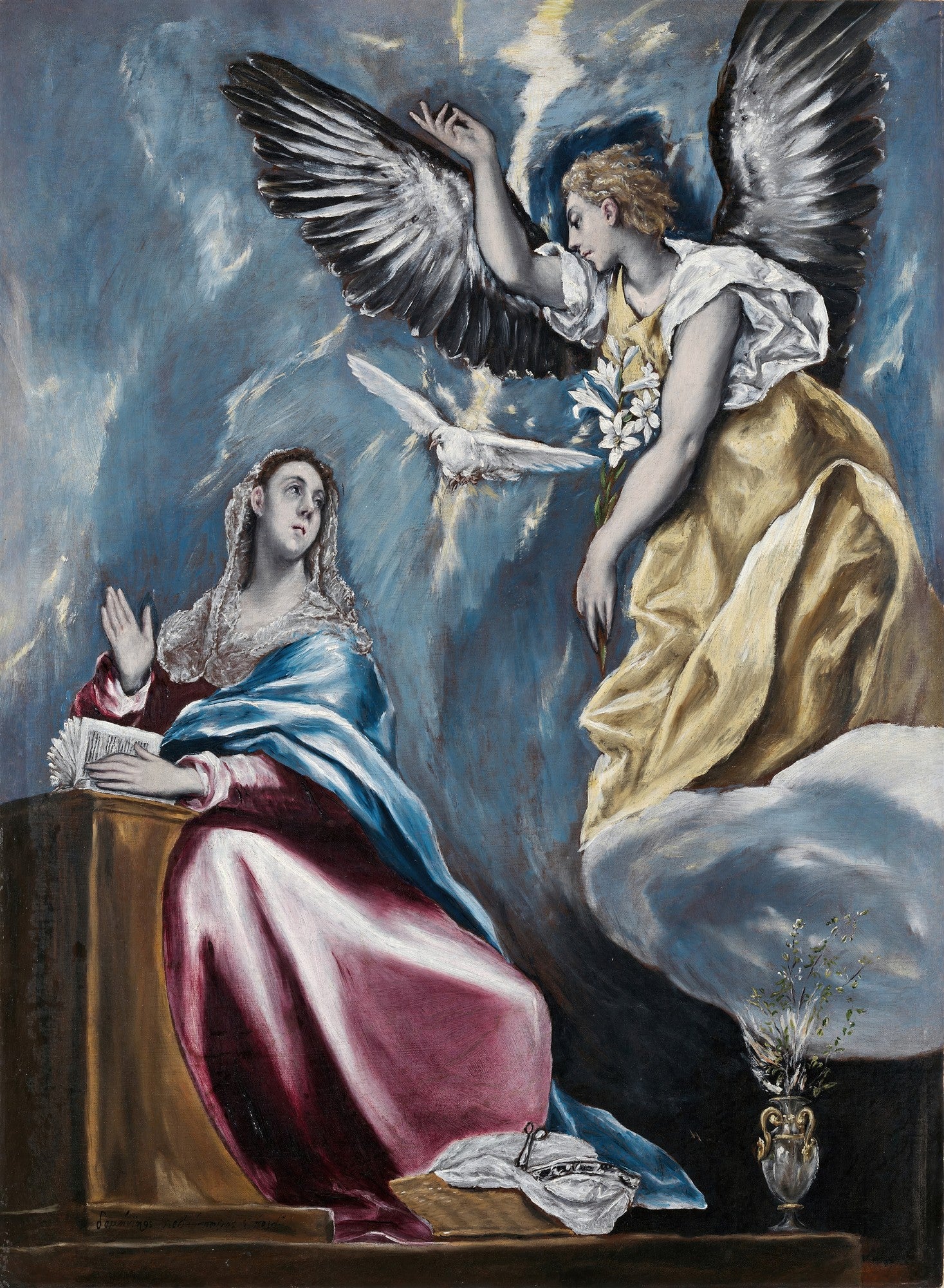 Quadro decorativo 'A Anunciação' de El Greco, mostrando a Virgem Maria em oração, um anjo com asas escuras e uma pomba branca, em tons de azul, dourado e vermelho.