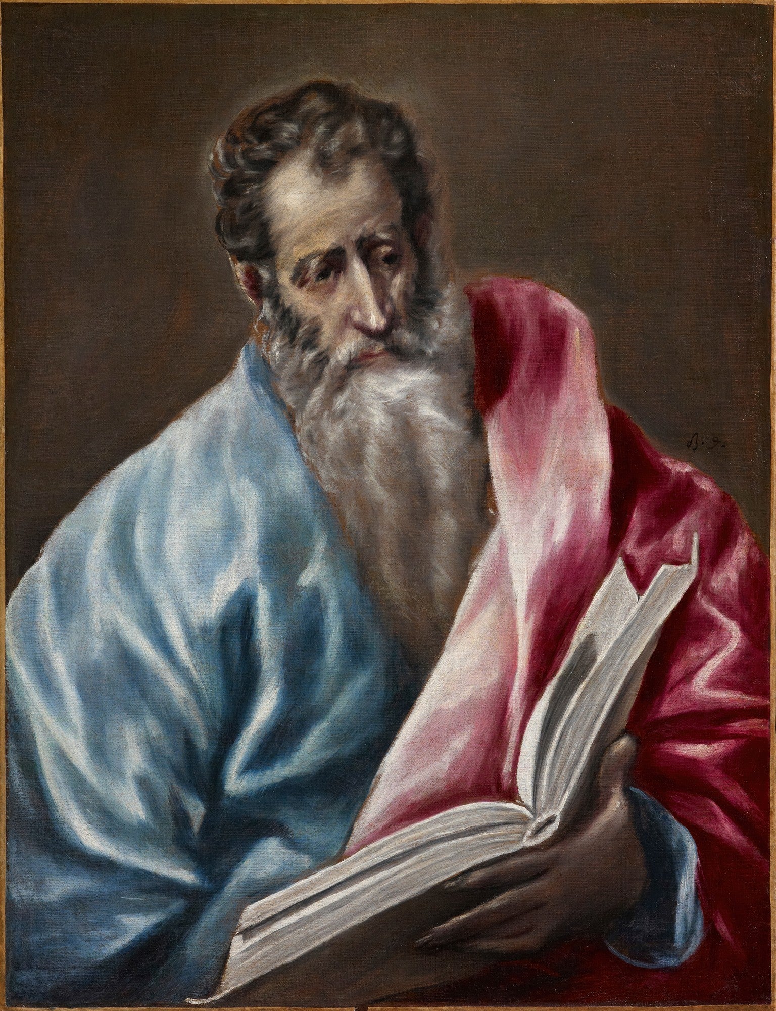 Quadro decorativo de El Greco, retrato de São Paulo com barba longa e túnica azul e manto rosa, lendo um livro. Fundo escuro.
