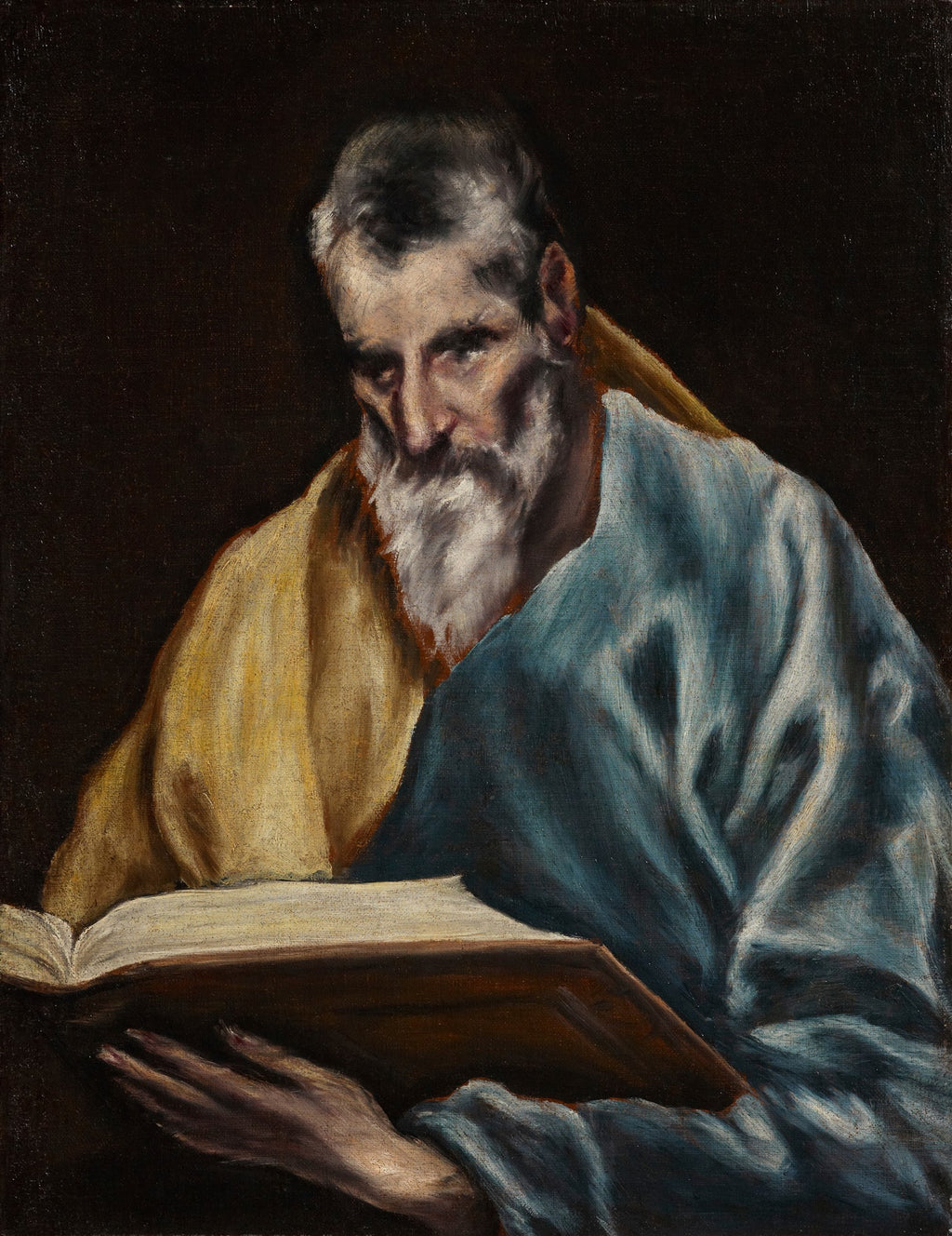 Quadro decorativo com retrato de São Jerônimo como penitente, obra de El Greco. O santo de barba branca e cabelos grisalhos, com vestes em tons de amarelo e azul, lê um livro aberto com expressão pensativa em um fundo escuro.