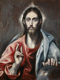 Quadro decorativo com pintura a óleo de Jesus Cristo, de El Greco, com túnica vermelha e manto azul, abençoando com a mão direita e segurando a esfera terrestre com a esquerda. Iluminação dramática e olhar sereno.