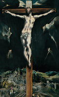 Quadro decorativo 'A Crucificação' de El Greco, representando Jesus Cristo na cruz em meio a uma paisagem sombria e dramática, com a cidade de Toledo ao fundo e figuras etéreas no céu, sugerindo um momento de grande comoção.