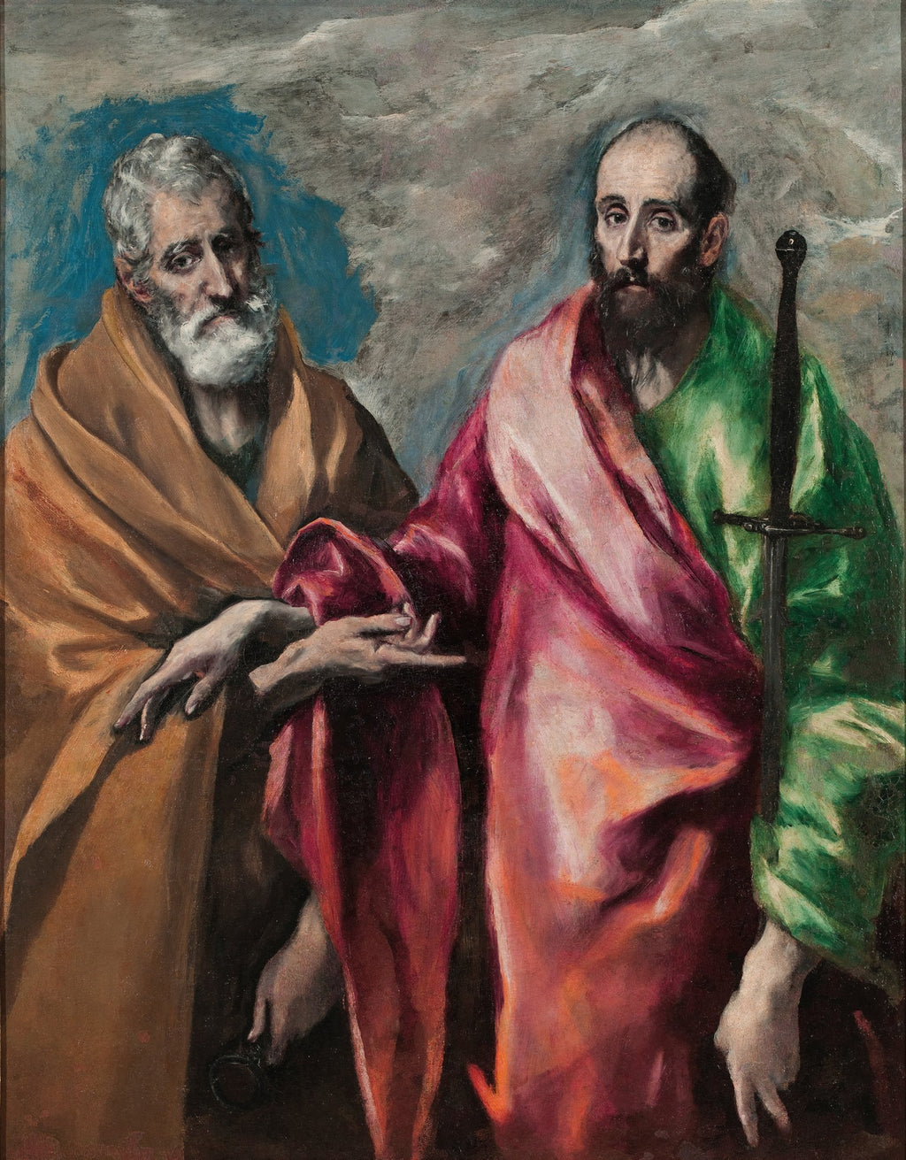 Quadro decorativo com a pintura 'São Pedro e São Paulo' de El Greco. A imagem mostra dois homens idosos, um com barba branca e túnica marrom, segurando chaves, e outro com barba escura e túnica verde e vermelha, segurando uma espada. O fundo é escuro e tempestuoso.