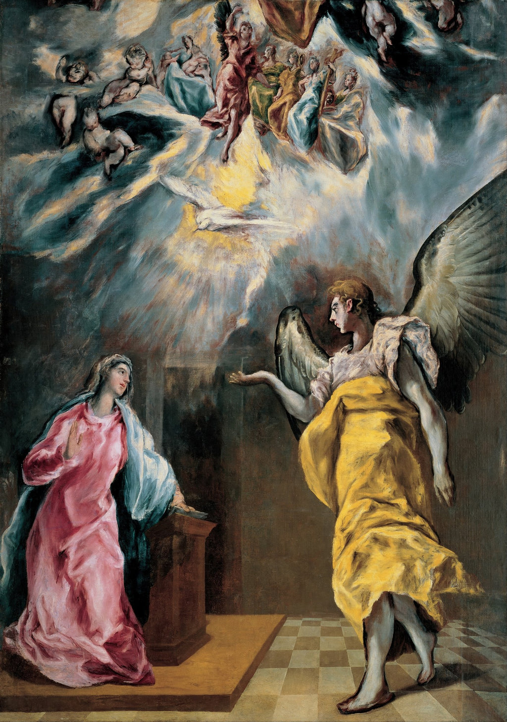 Quadro decorativo "A Anunciação" de El Greco, mostrando Maria ajoelhada diante do Anjo Gabriel com a pomba do Espírito Santo e anjos celestiais no alto, em estilo maneirista com cores vibrantes e figuras alongadas.