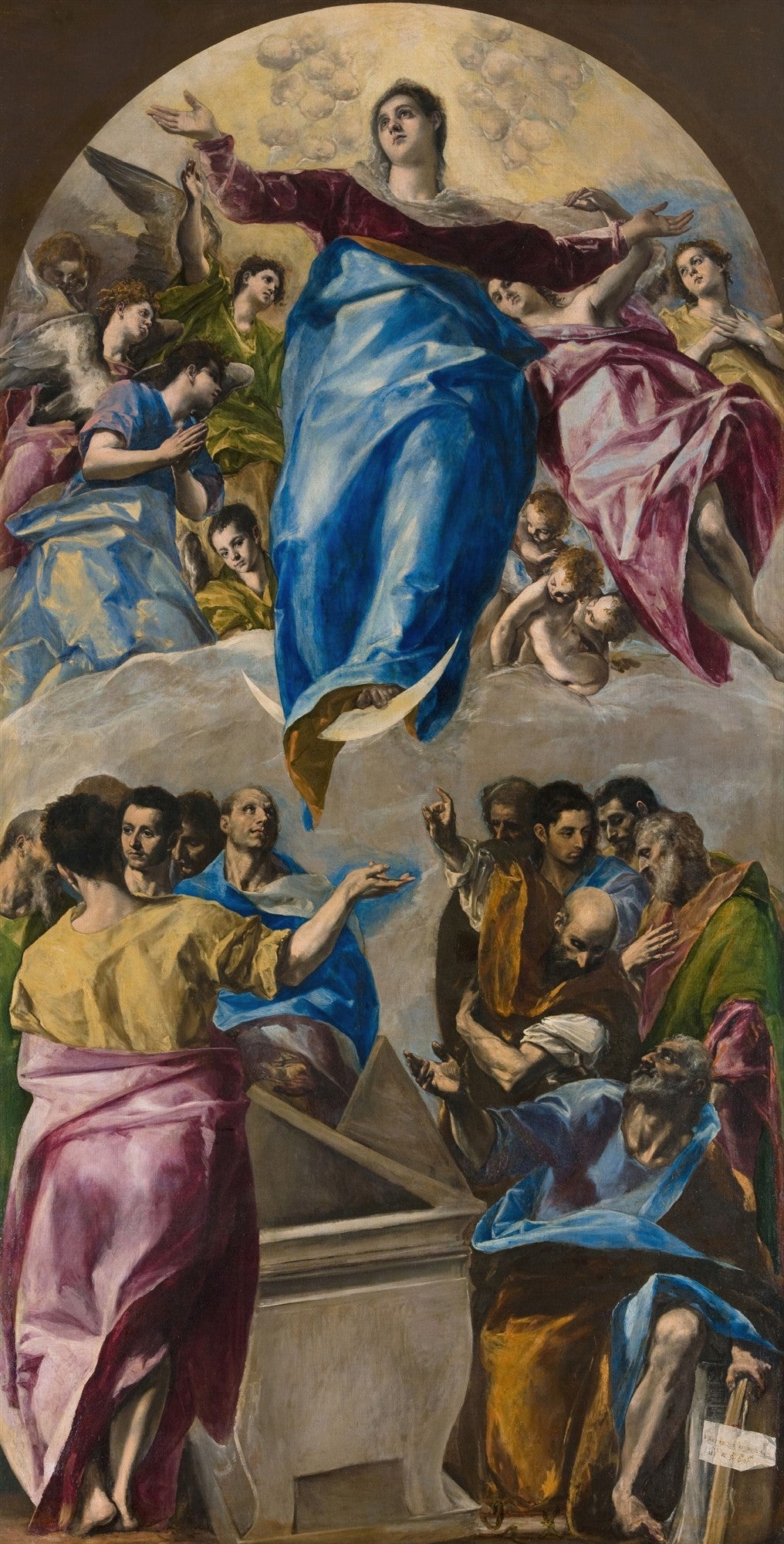 Quadro decorativo da pintura 'A Assunção da Virgem' de El Greco, mostrando a Virgem Maria em um manto azul, elevada aos céus por anjos, enquanto apóstolos a observam de baixo, em tons dramáticos e alongados, típico do Maneirismo.