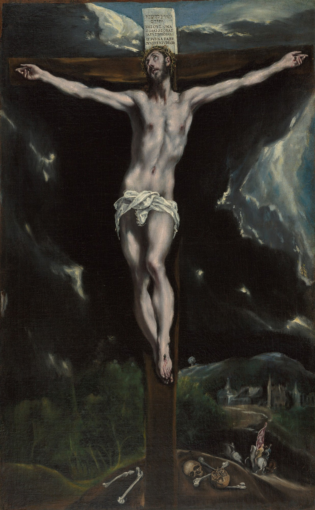 Quadro decorativo 'A Crucificação' de El Greco. Jesus Cristo na cruz, figura alongada e pálida, em meio a um céu escuro e dramático com raios de luz. Crânios e ossos na base da cruz. Ao fundo, uma paisagem sombria com estruturas e figuras pequenas.