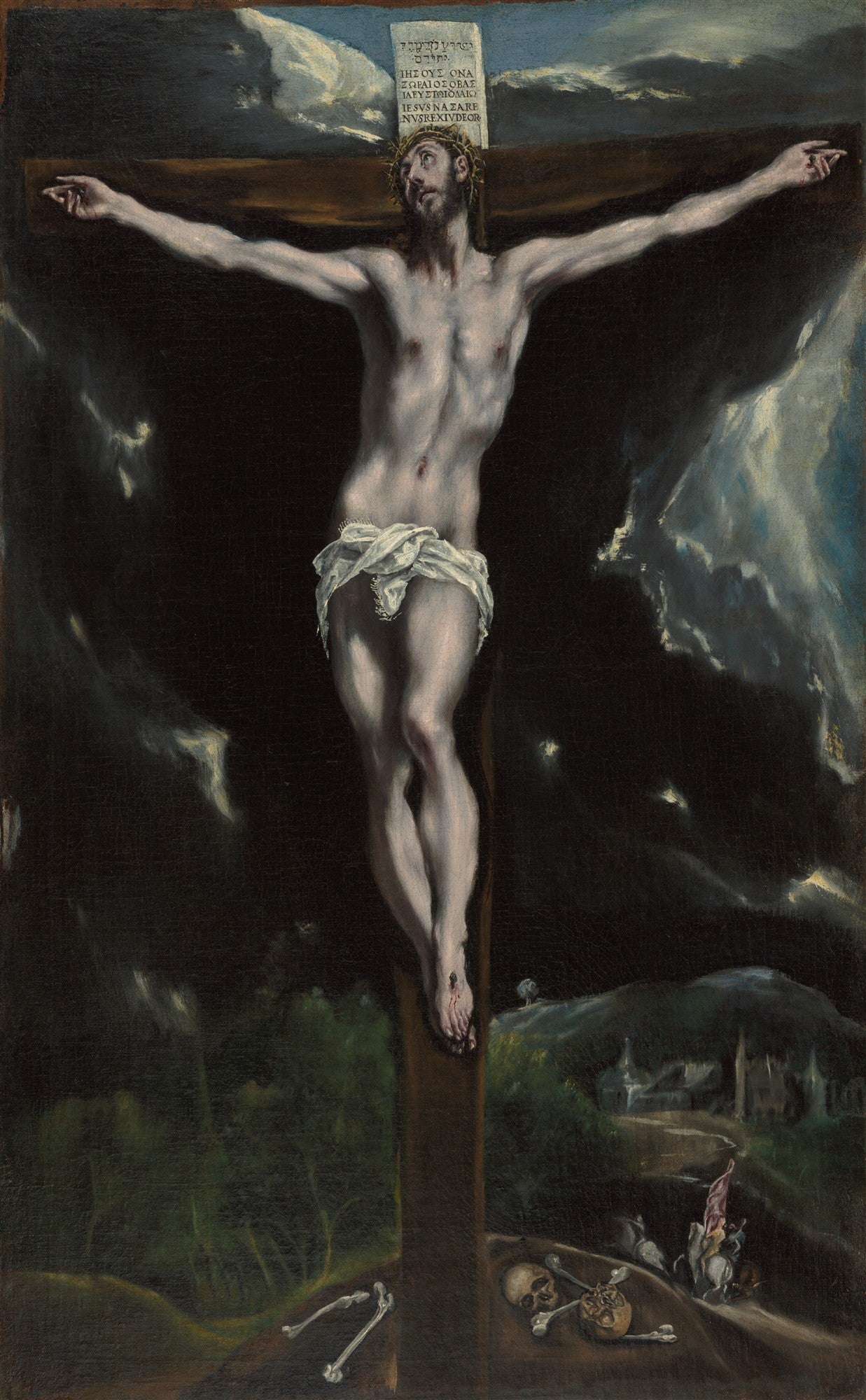 Quadro decorativo 'A Crucificação' de El Greco. Jesus Cristo na cruz, figura alongada e pálida, em meio a um céu escuro e dramático com raios de luz. Crânios e ossos na base da cruz. Ao fundo, uma paisagem sombria com estruturas e figuras pequenas.