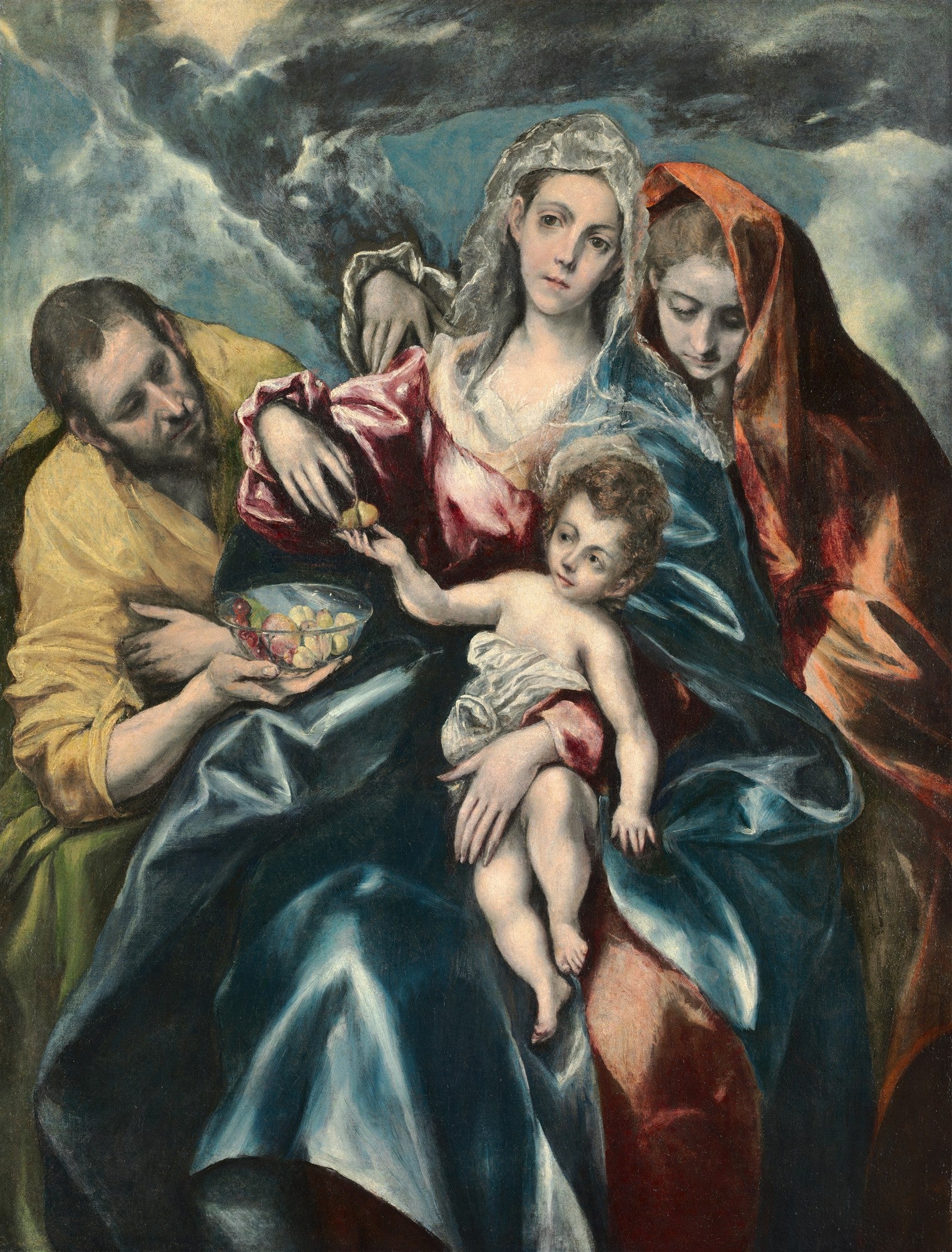 Quadro decorativo da Sagrada Família de El Greco, com Maria, São José, o Menino Jesus e Santa Ana. Cores escuras, dramáticas e figuras alongadas.