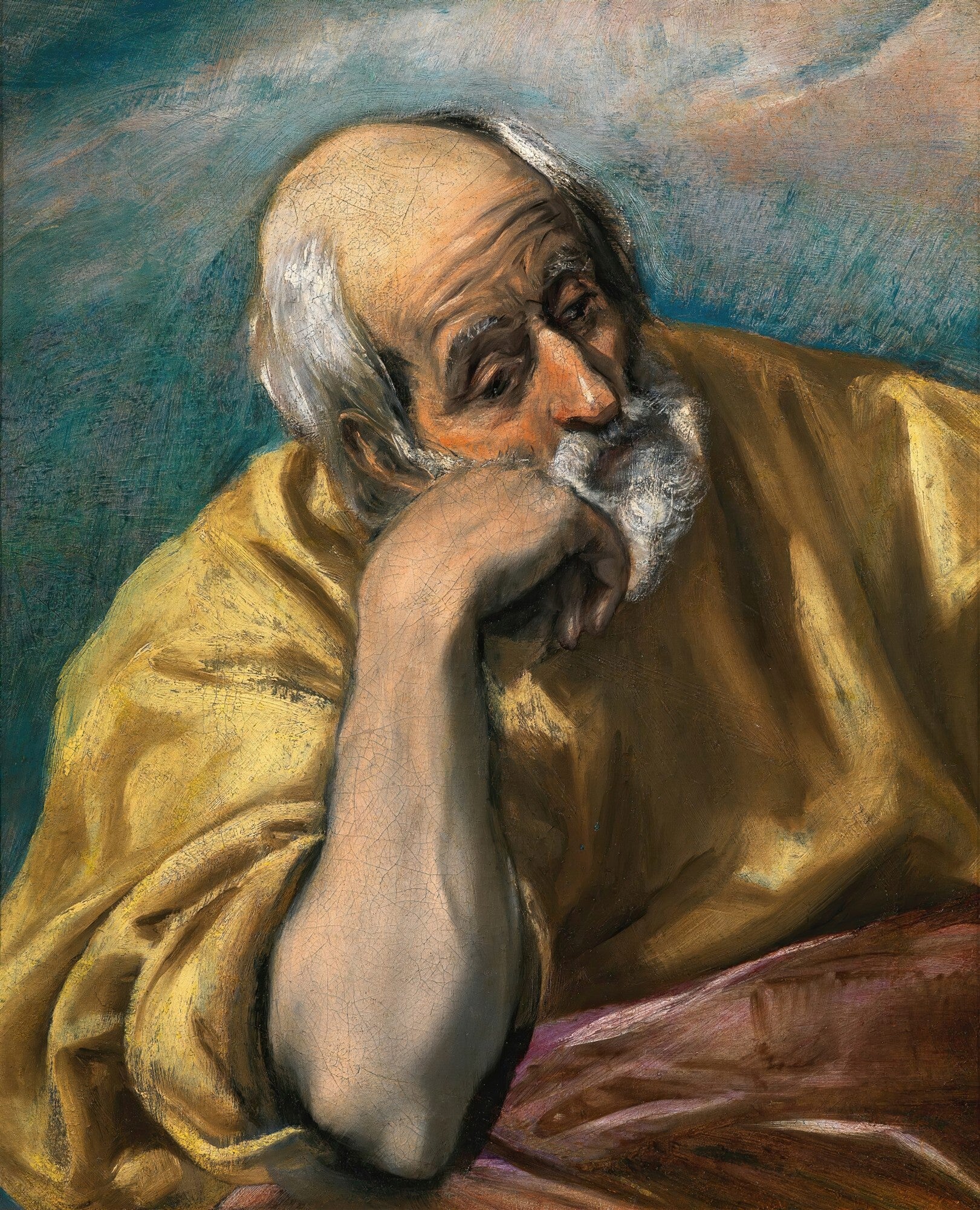 Quadro decorativo com a pintura 'São Pedro em Lágrimas' de El Greco, retratando um homem idoso com barba branca, vestes amarelas e azuis, em pose pensativa e melancólica, com a mão apoiando o rosto.