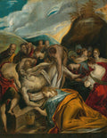 Quadro decorativo 'A Deposição de Cristo no Sepulcro' de El Greco, mostrando várias figuras em torno do corpo de Cristo, com tons escuros e dramáticos, céu nublado e montanhas ao fundo.