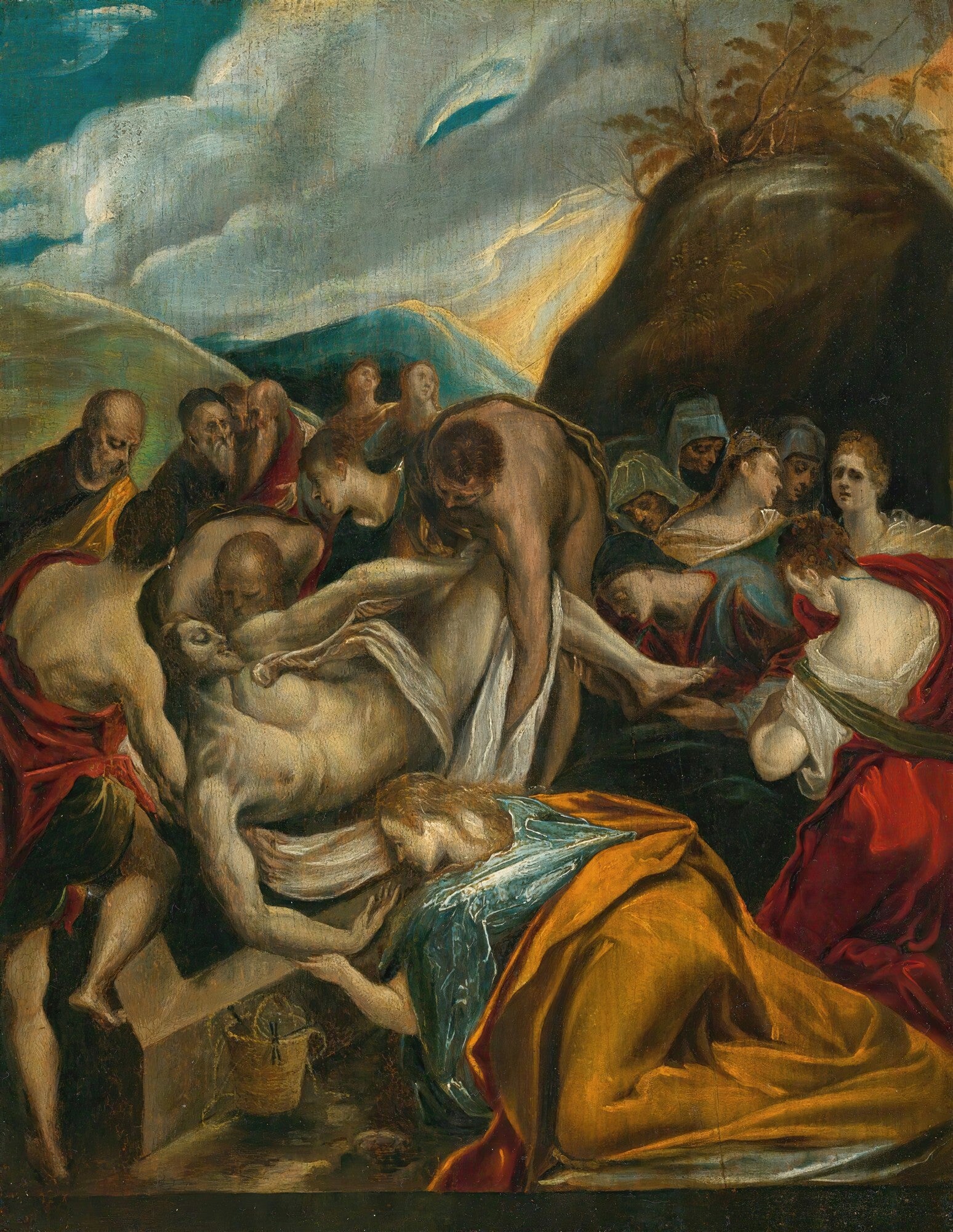 Quadro decorativo 'A Deposição de Cristo no Sepulcro' de El Greco, mostrando várias figuras em torno do corpo de Cristo, com tons escuros e dramáticos, céu nublado e montanhas ao fundo.