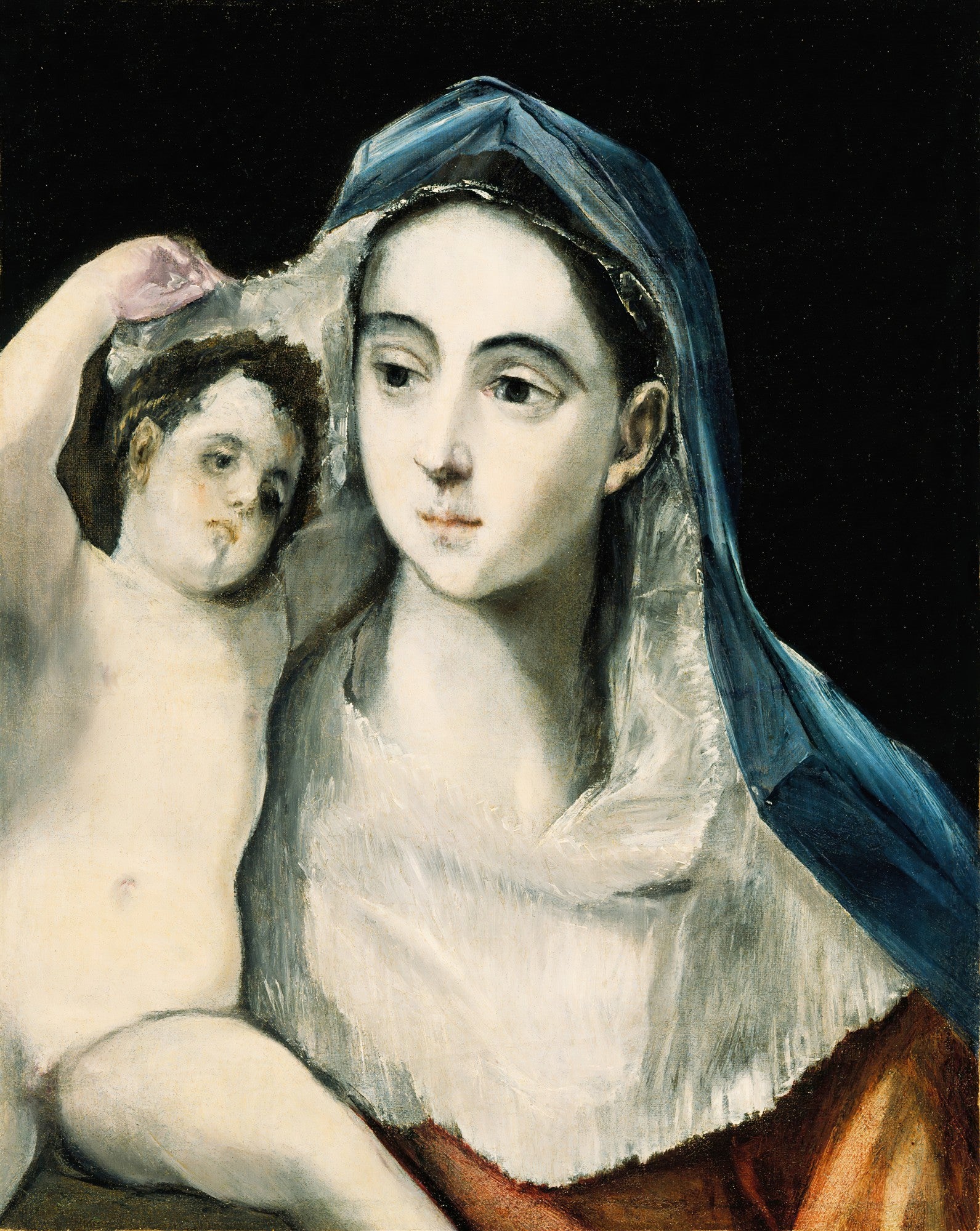 Quadro decorativo mostrando a Virgem Maria com o Menino Jesus. A Virgem tem um véu azul e expressão serena, enquanto o Menino Jesus levanta um braço. Estilo clássico de El Greco.