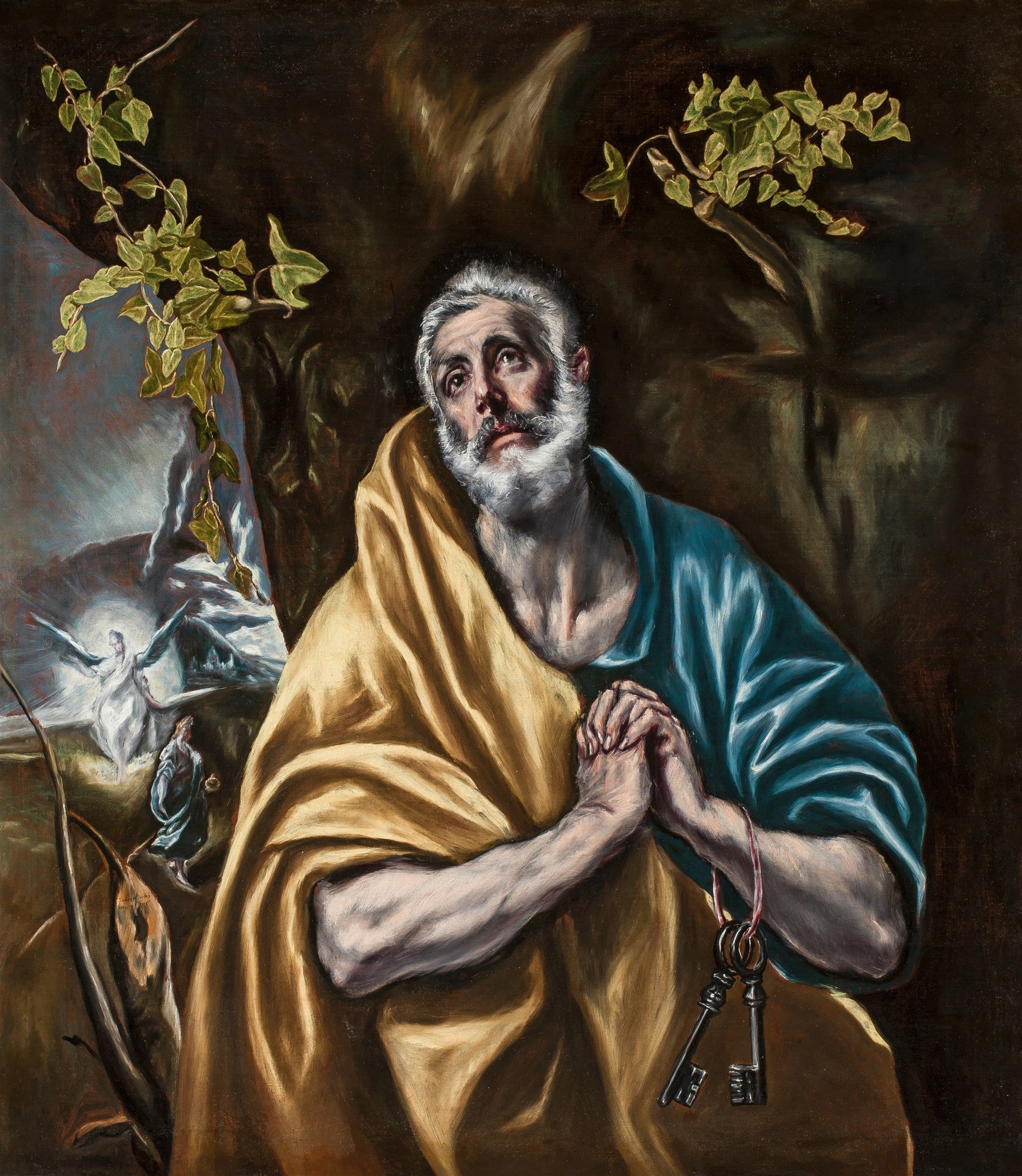 Quadro decorativo de São Pedro em Lágrimas por El Greco, exibindo o apóstolo com barba branca, olhos suplicantes para o céu, mãos em prece e chaves penduradas, com uma visão celestial ao fundo.