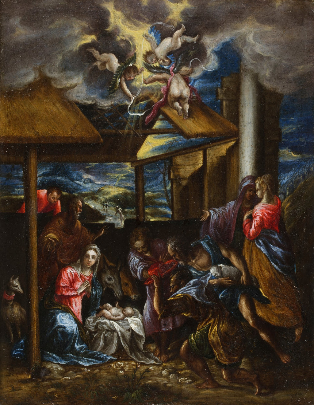 Quadro decorativo da pintura "A Adoração dos Pastores" de El Greco, retratando o nascimento de Jesus com pastores e anjos, em estilo maneirista com cores intensas e figuras alongadas.