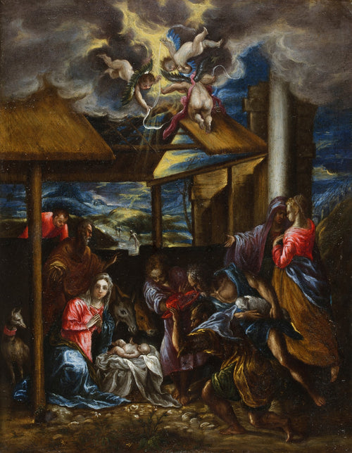 Quadro decorativo da pintura "A Adoração dos Pastores" de El Greco, retratando o nascimento de Jesus com pastores e anjos, em estilo maneirista com cores intensas e figuras alongadas.