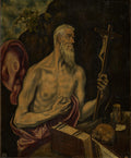 Quadro decorativo mostrando São Jerônimo Penitente de El Greco, um homem idoso com barba branca, peito nu, segurando um crucifixo e uma pedra, com um livro, ampulheta e caveira ao lado, em tons escuros e dramáticos.