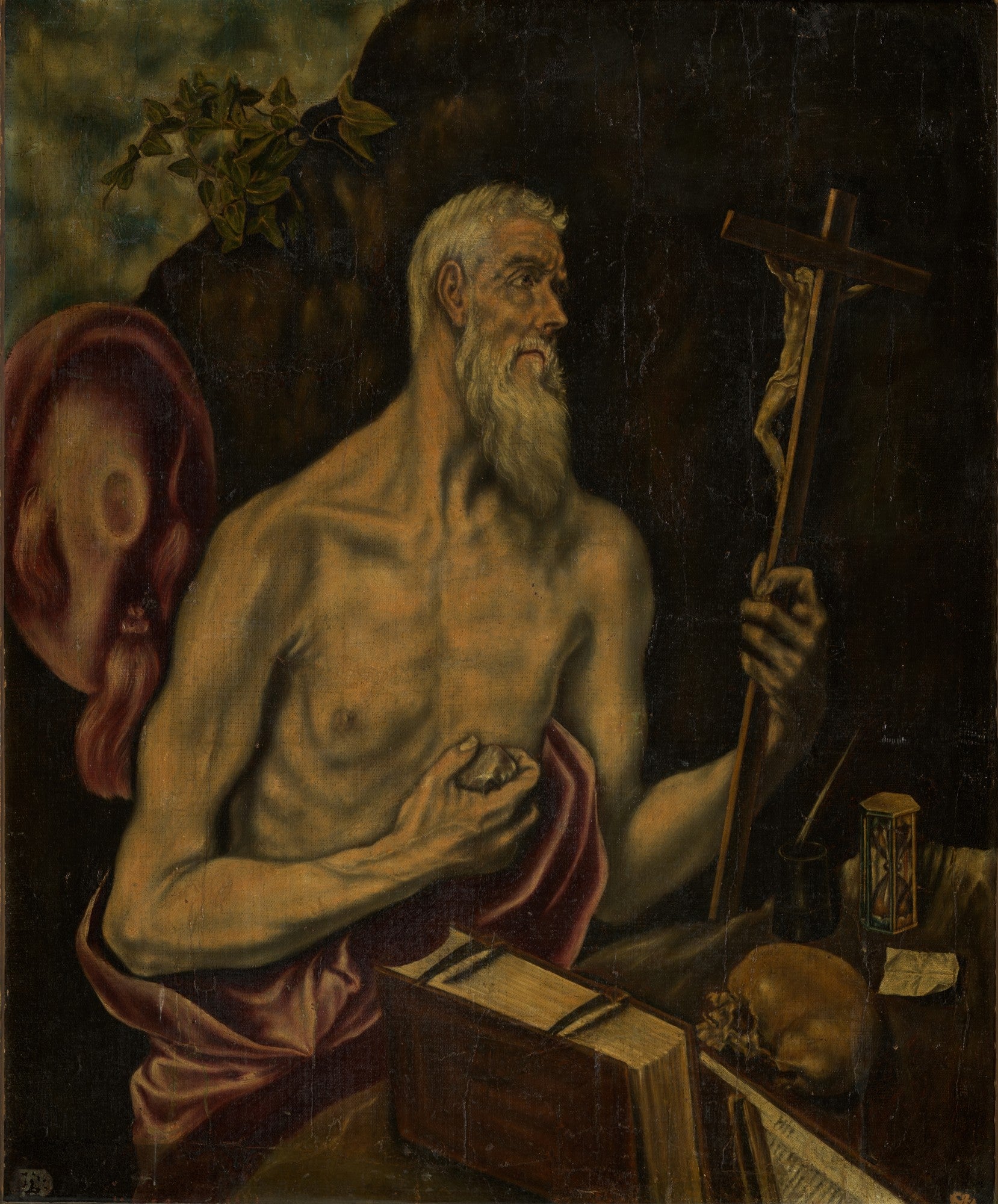 Quadro decorativo mostrando São Jerônimo Penitente de El Greco, um homem idoso com barba branca, peito nu, segurando um crucifixo e uma pedra, com um livro, ampulheta e caveira ao lado, em tons escuros e dramáticos.
