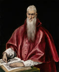 Retrato a óleo de um cardeal idoso com barba branca longa, vestindo uma capa vermelha vibrante e camisa branca, sentado em uma mesa com um livro aberto. O fundo é preto.