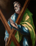 Pintura a óleo de El Greco, São André, com figura masculina barbada de vestes azuis e verdes segurando uma cruz em X, em fundo escuro.