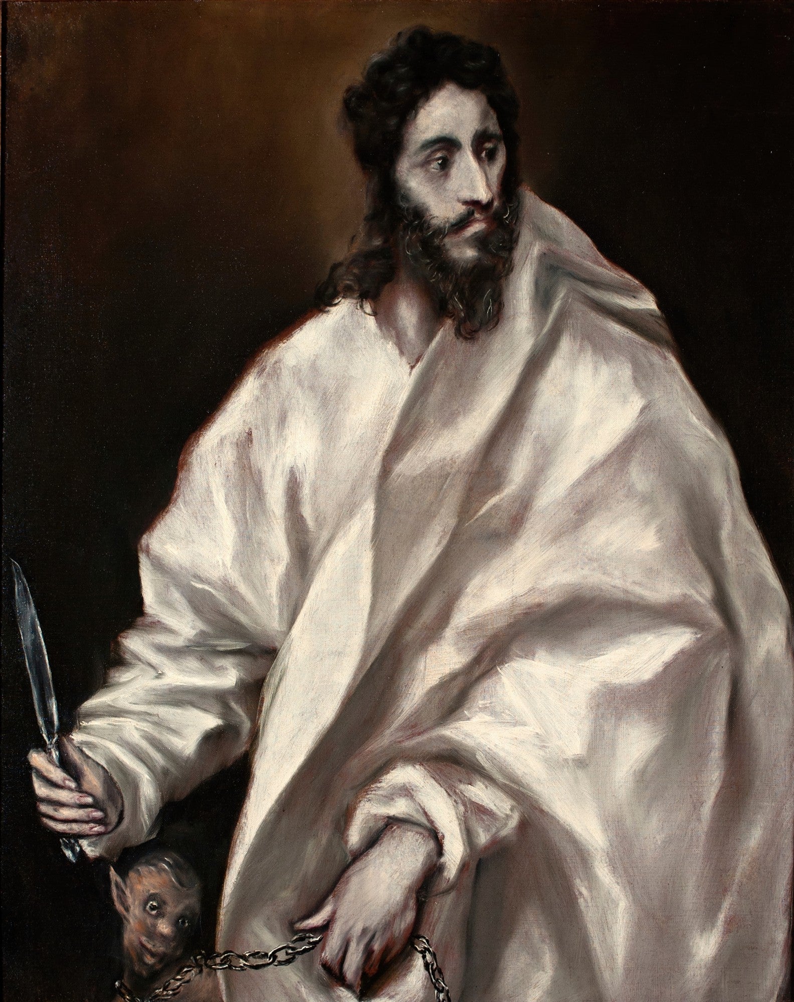 Quadro decorativo do apóstolo São Bartolomeu, pintado por El Greco, com figura barbada de túnica branca segurando uma faca e uma corrente que prende uma criatura demoníaca.