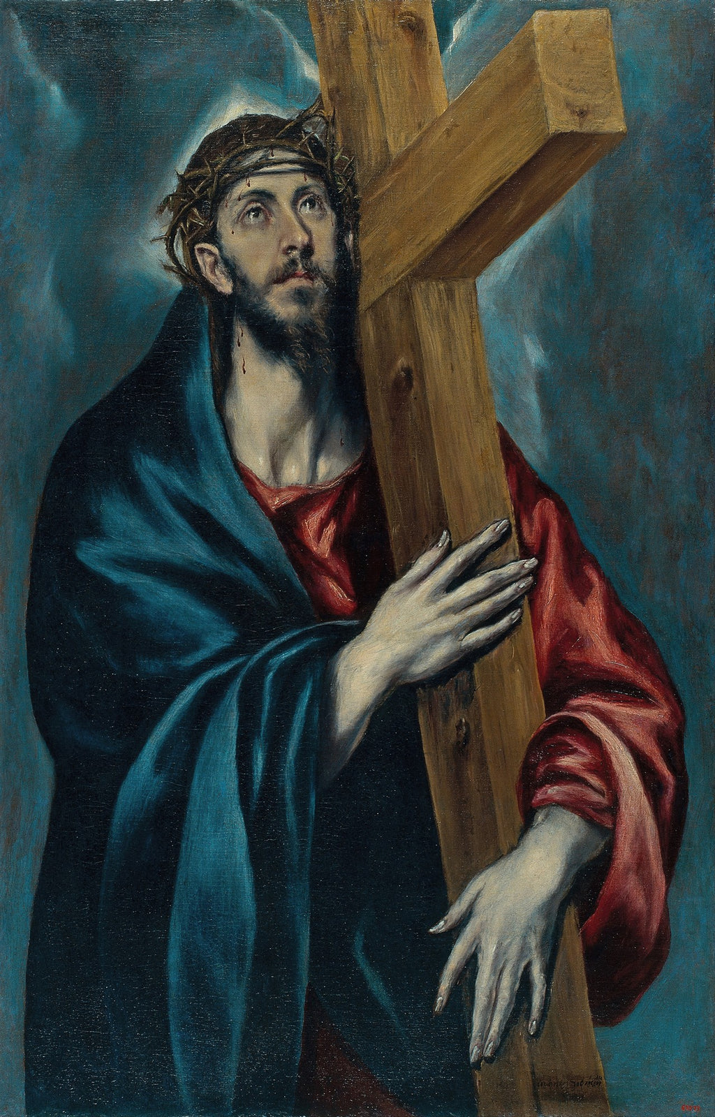 Quadro decorativo mostrando Cristo carregando a cruz, com coroa de espinhos e olhar para cima, em tons de azul, vermelho e marrom. Pintura de El Greco.