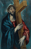 Quadro decorativo mostrando Cristo carregando a cruz, com coroa de espinhos e olhar para cima, em tons de azul, vermelho e marrom. Pintura de El Greco.