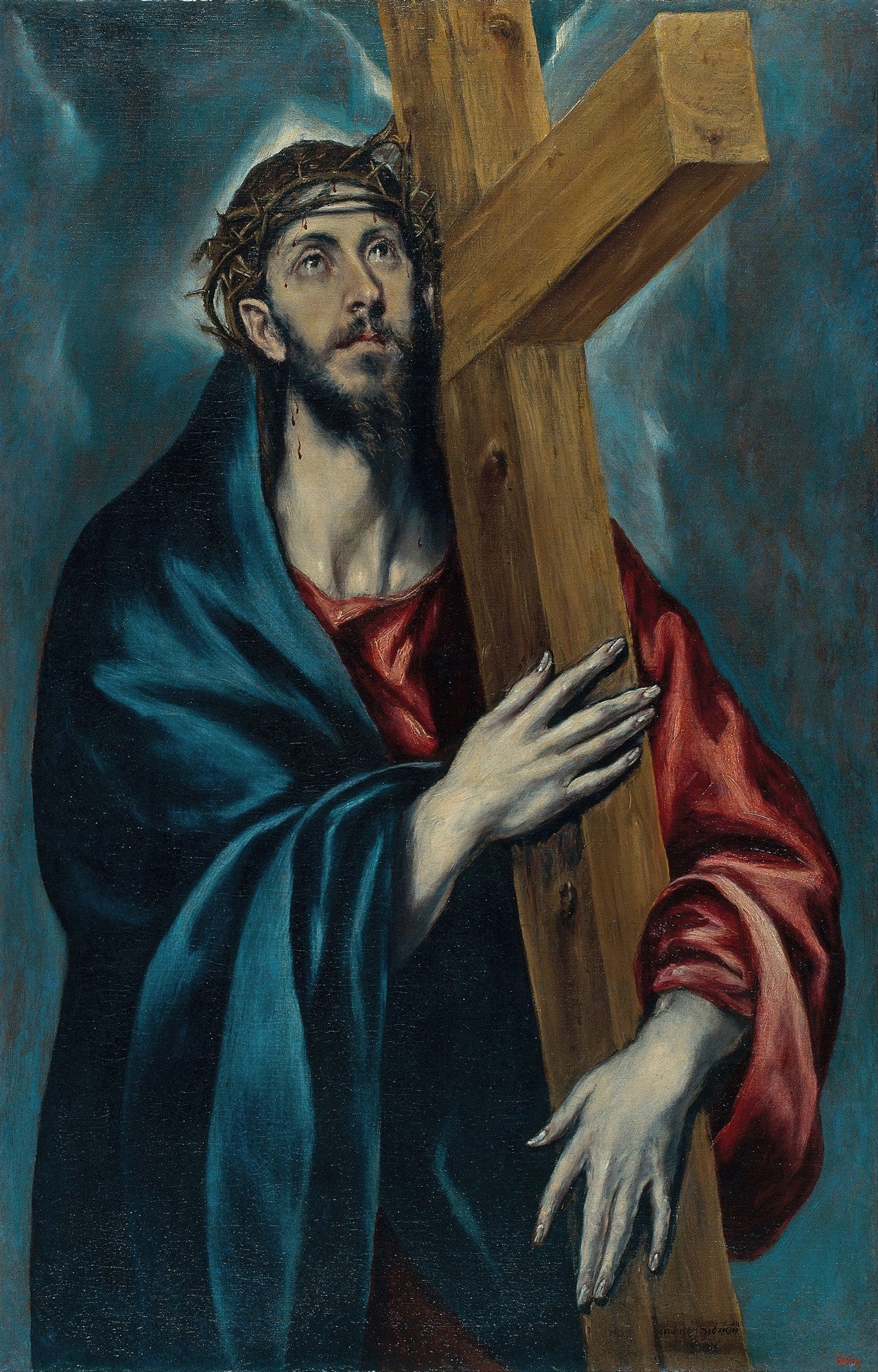 Quadro decorativo mostrando Cristo carregando a cruz, com coroa de espinhos e olhar para cima, em tons de azul, vermelho e marrom. Pintura de El Greco.
