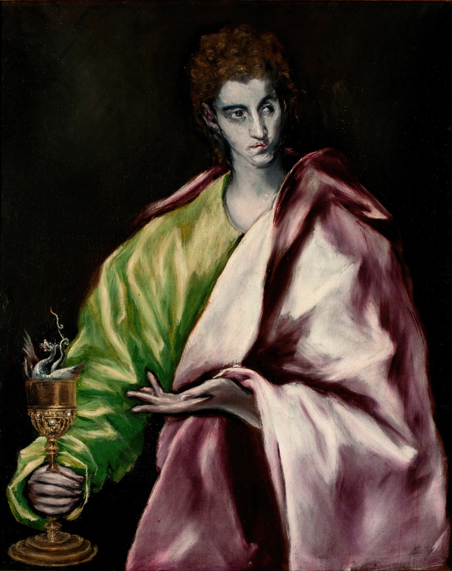 Quadro decorativo de São João Evangelista por El Greco, com figura de cabelos encaracolados segurando um cálice de onde emerge um dragão, em tons verdes, roxos e brancos sobre fundo escuro.