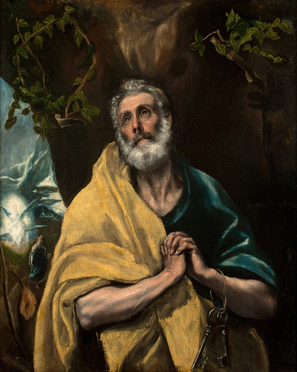 Quadro decorativo "São Pedro em Lágrimas" de El Greco, com São Pedro de barba branca, vestindo amarelo e azul-esverdeado, olhando para cima com as mãos postas em oração e chaves em seu cinto, em um cenário escuro com folhagens verdes.