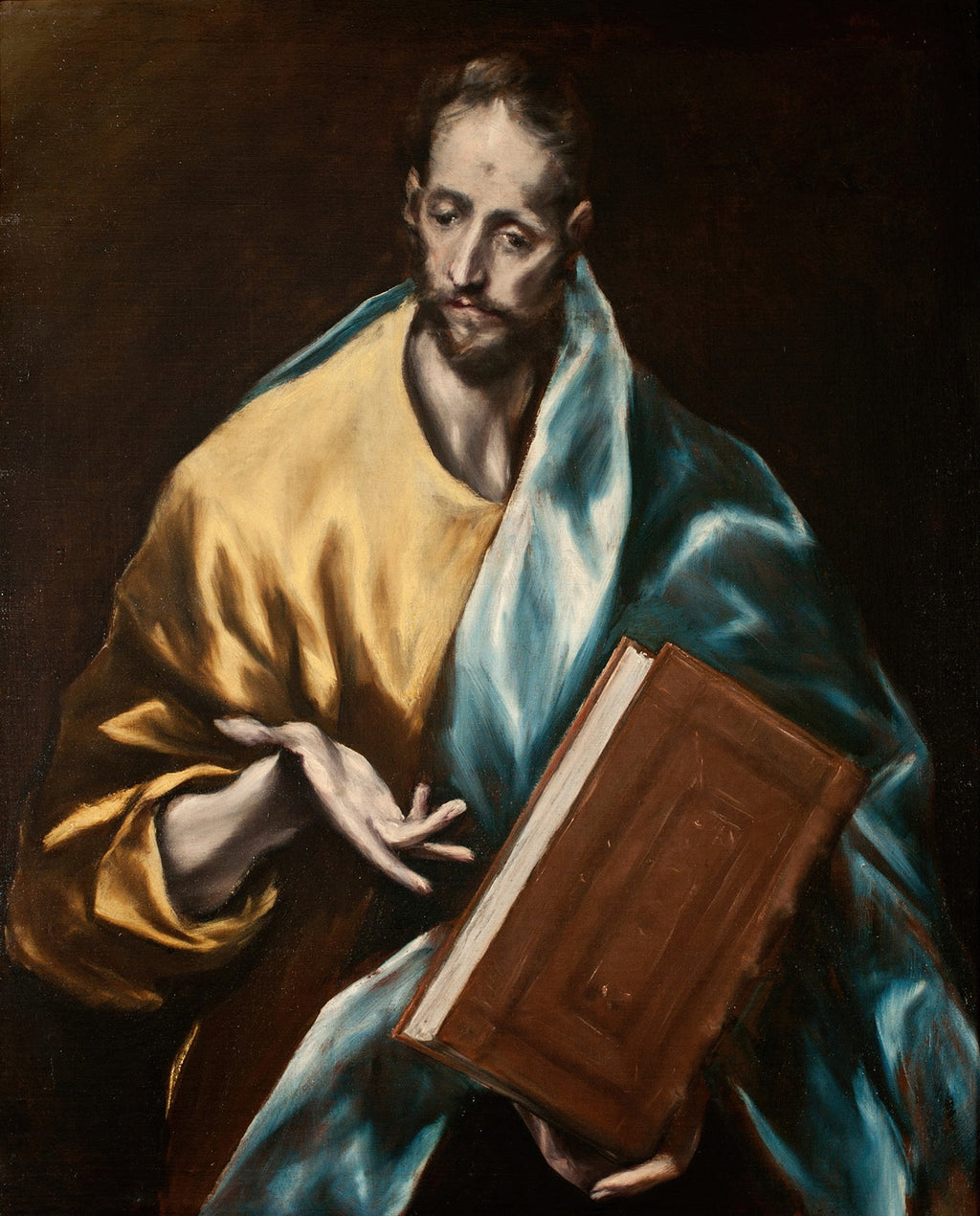 Quadro decorativo retratando uma figura masculina com barba, vestindo túnica amarela e manto azul, segurando um livro. Estilo renascentista, atribuído a El Greco.