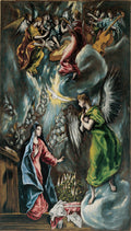 Quadro decorativo A Anunciação de El Greco, retratando o arcanjo Gabriel anunciando a Virgem Maria, com anjos músicos acima e o Espírito Santo em forma de pomba, em estilo maneirista com figuras alongadas e cores dramáticas.