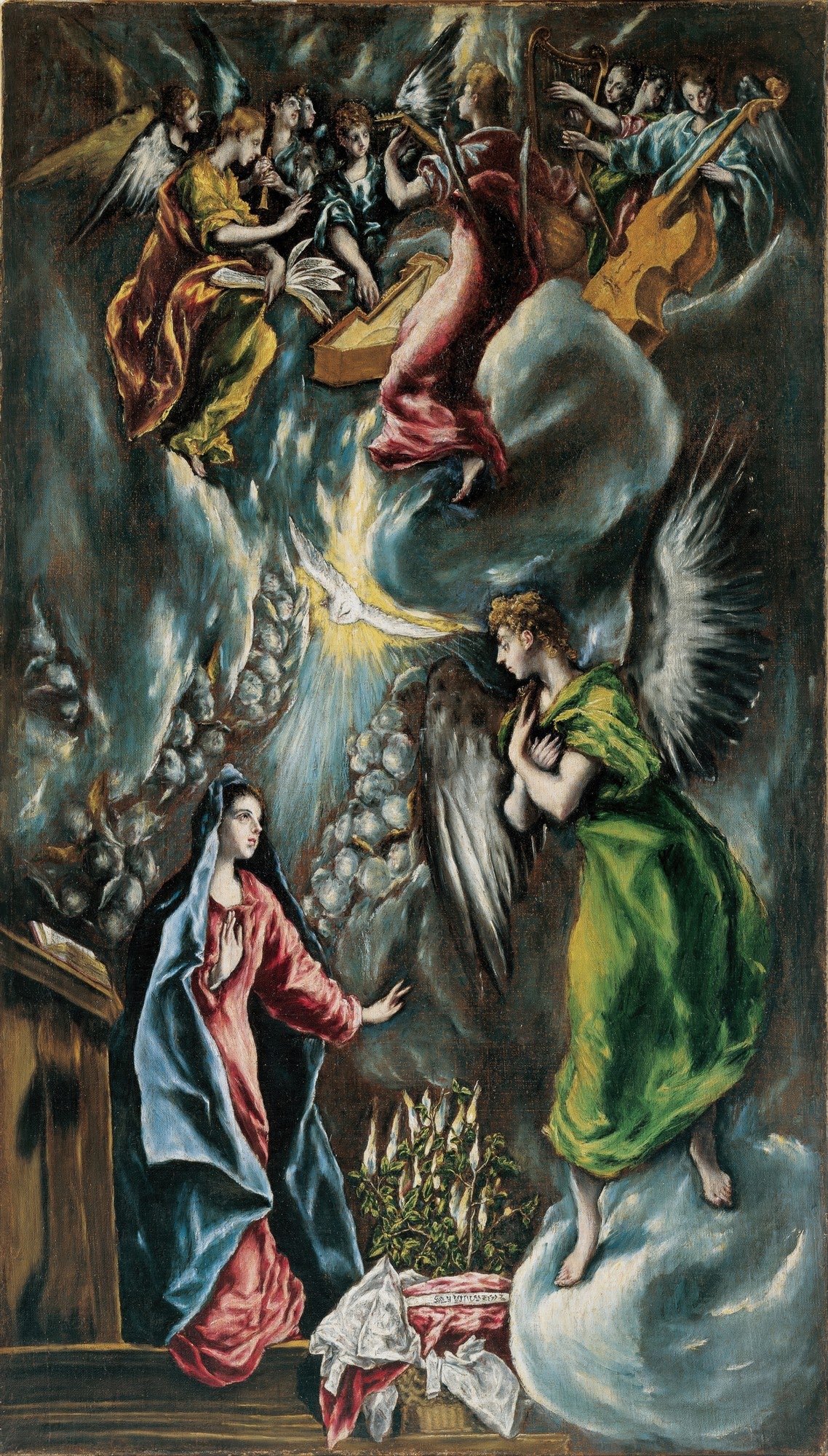 Quadro decorativo A Anunciação de El Greco, retratando o arcanjo Gabriel anunciando a Virgem Maria, com anjos músicos acima e o Espírito Santo em forma de pomba, em estilo maneirista com figuras alongadas e cores dramáticas.