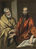 Quadro decorativo com a pintura 'São Pedro e São Paulo' de El Greco. Duas figuras masculinas, uma com barba grisalha e manto dourado, e outra com barba escura e manto vermelho, em um ambiente escuro, com um livro aberto à frente.