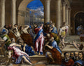 Quadro decorativo 'A Purificação do Templo' de El Greco, mostrando Jesus expulsando mercadores do templo em uma cena de grande movimento e colorido vibrante.