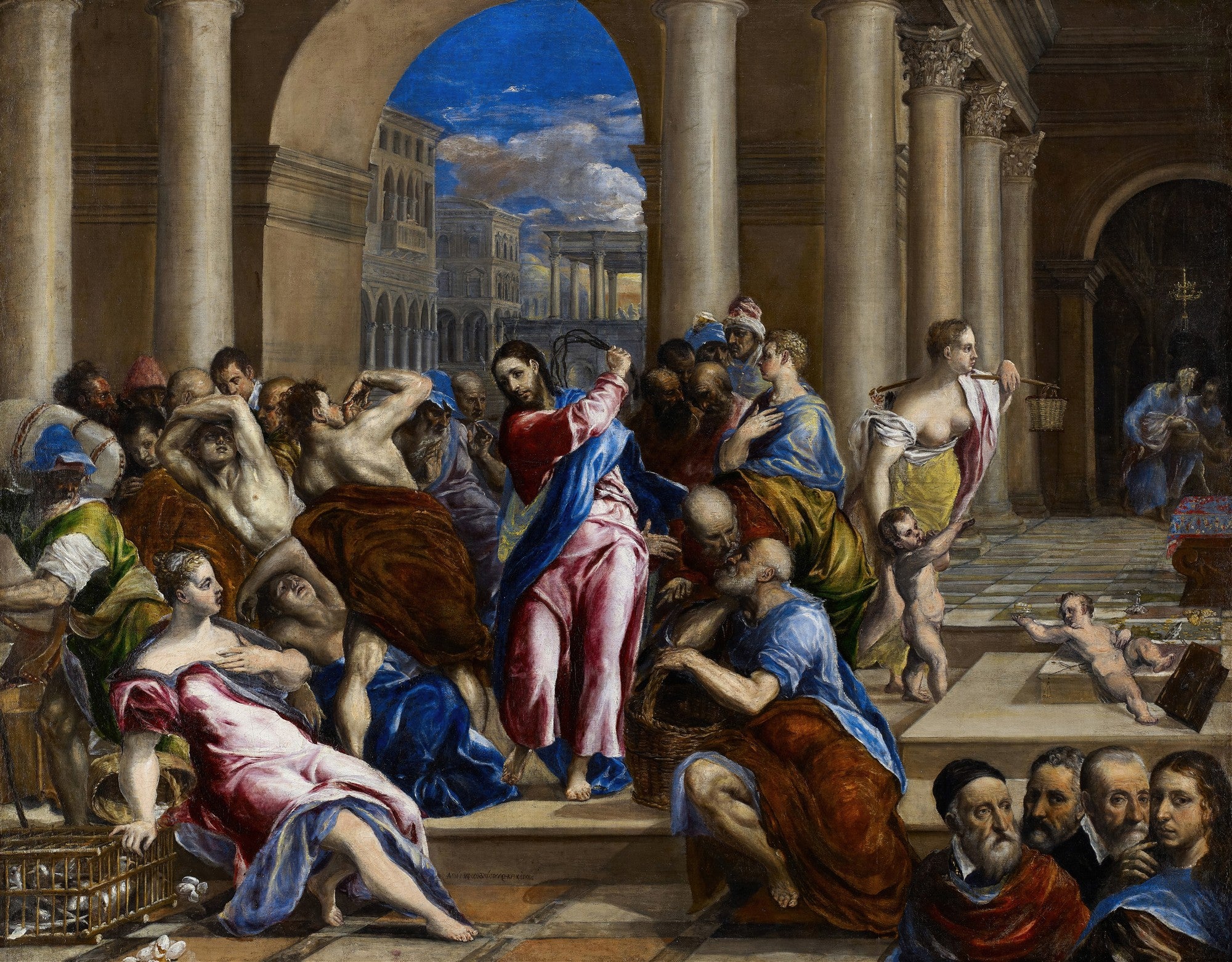 Quadro decorativo 'A Purificação do Templo' de El Greco, mostrando Jesus expulsando mercadores do templo em uma cena de grande movimento e colorido vibrante.