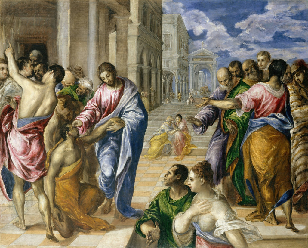 Quadro decorativo 'A Cura do Cego' de El Greco, mostrando Jesus curando um homem cego entre figuras alongadas e dramáticas, com arquitetura clássica e um céu tempestuoso ao fundo.