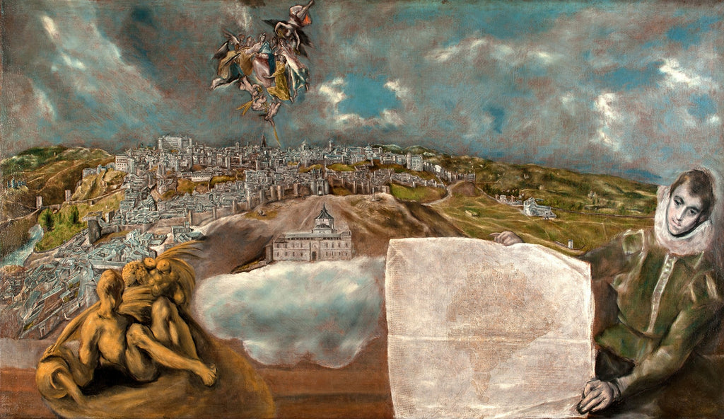 Quadro 'A Vista de Toledo' de El Greco, mostrando uma paisagem urbana dramática com nuvens escuras e picos de luz, e uma figura no canto inferior direito.