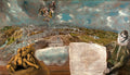 Quadro 'A Vista de Toledo' de El Greco, mostrando uma paisagem urbana dramática com nuvens escuras e picos de luz, e uma figura no canto inferior direito.