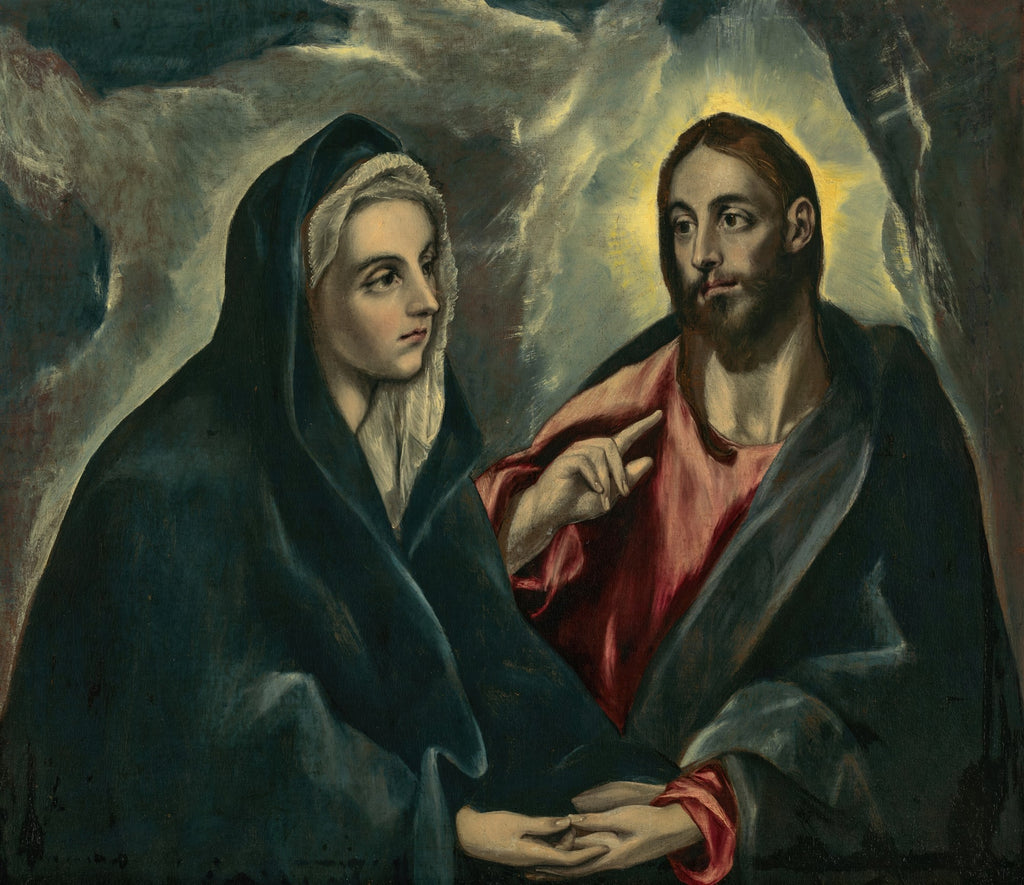 Quadro decorativo com representação da Anunciação de El Greco, mostrando a Virgem Maria e o anjo Gabriel em uma composição dramática com luz celestial.