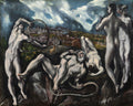 Quadro decorativo mostrando a pintura 'Laocoön' de El Greco, com três figuras masculinas nuas e uma serpente gigante enroscada, em um cenário de paisagem sombria com uma cidade ao fundo e céu nublado.