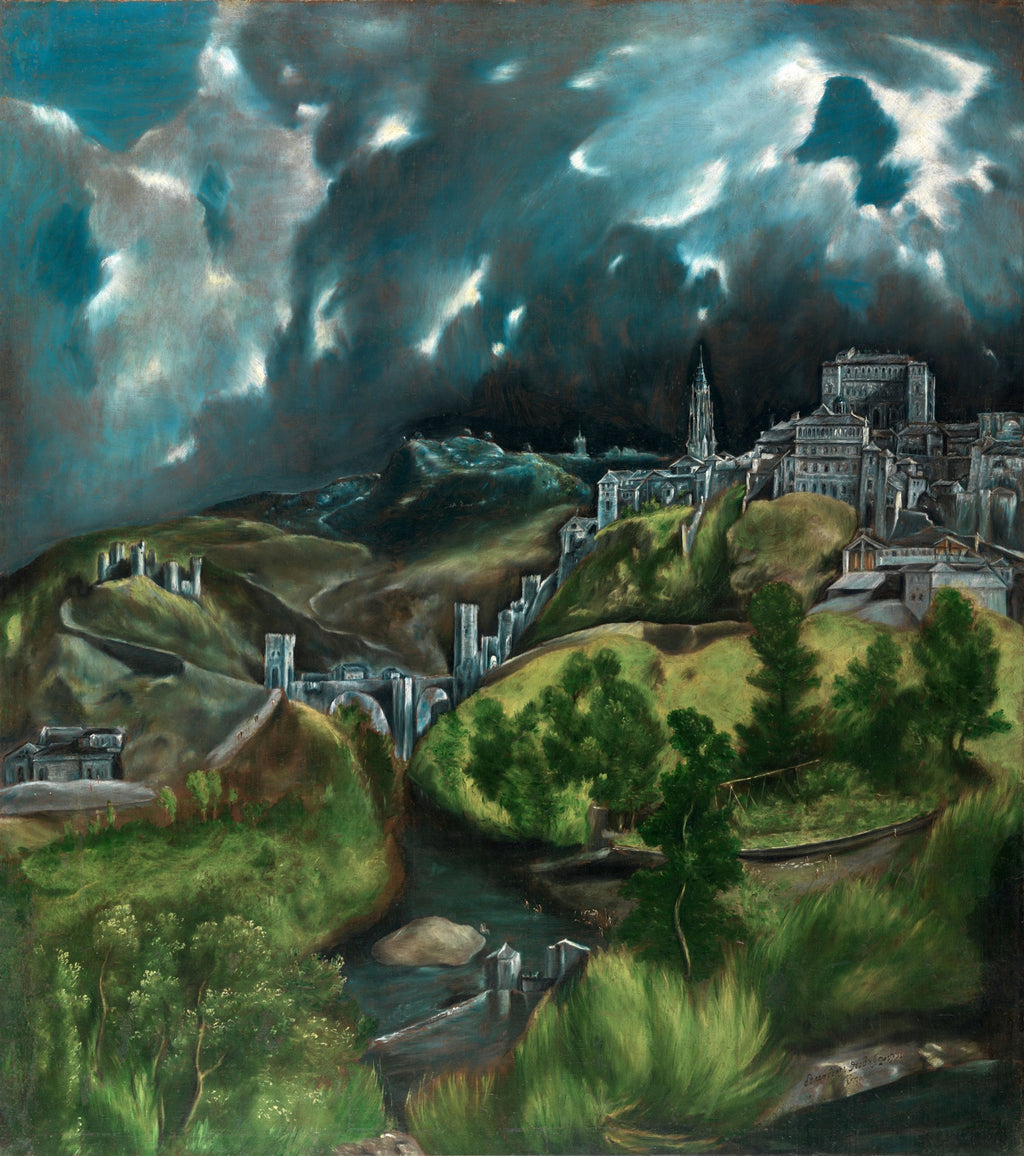 Quadro decorativo da 'Vista de Toledo' de El Greco, paisagem dramática com cidade sob céu tempestuoso, em tons de azul, verde e cinza.