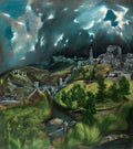Quadro decorativo da 'Vista de Toledo' de El Greco, paisagem dramática com cidade sob céu tempestuoso, em tons de azul, verde e cinza.