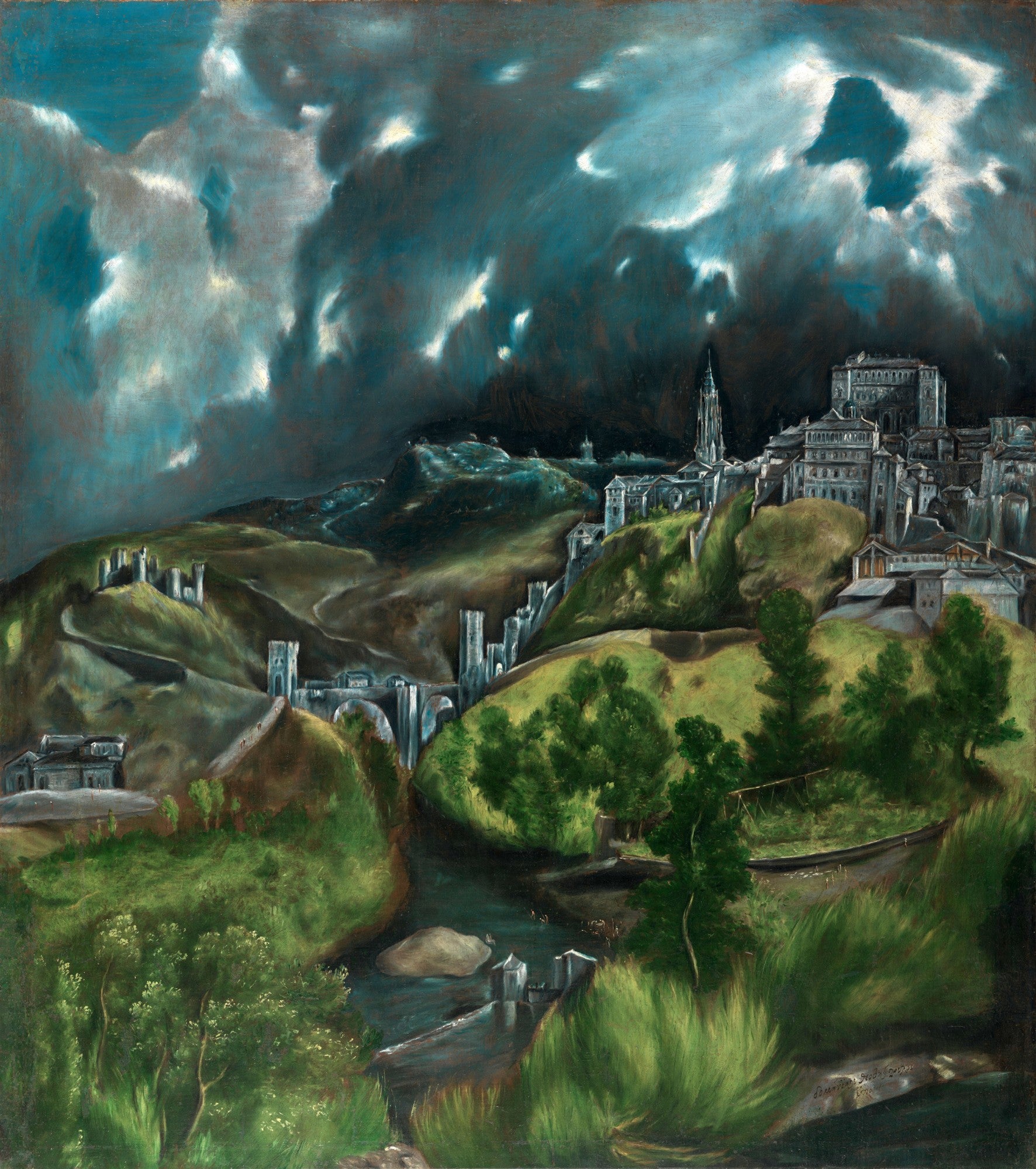 Quadro decorativo da 'Vista de Toledo' de El Greco, paisagem dramática com cidade sob céu tempestuoso, em tons de azul, verde e cinza.