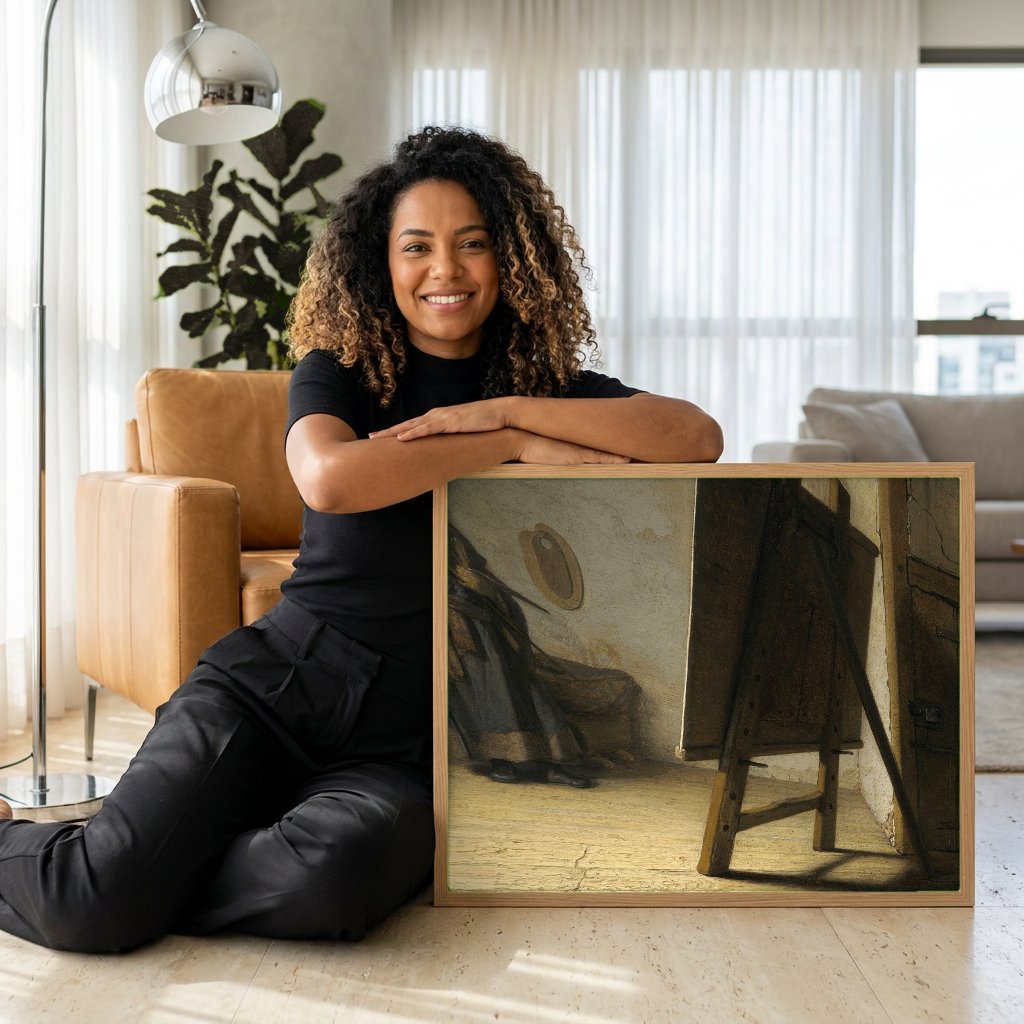 Quadro Decorativo O Artista em Seu Ateliê - Rembrandt com modelo em ambiente