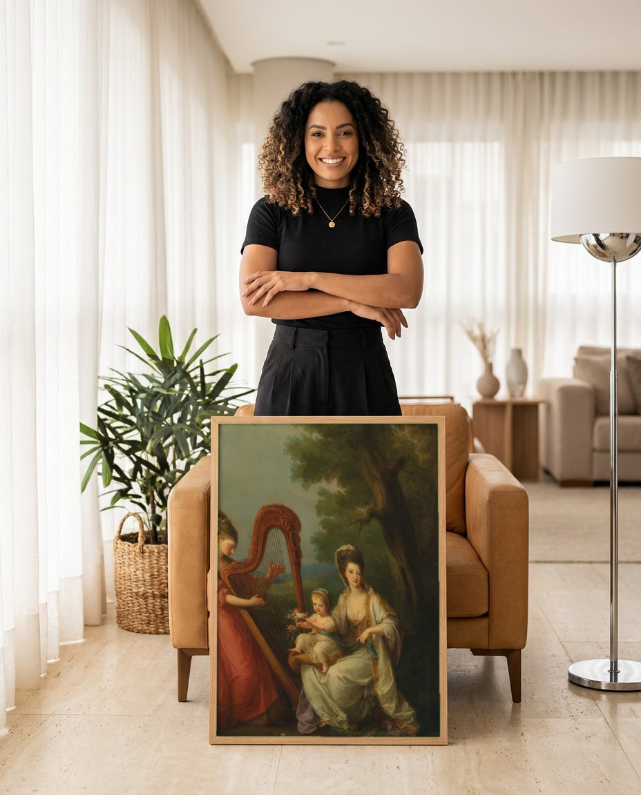 Quadro Decorativo Família Musical - Angelica Kauffmann com modelo em ambiente